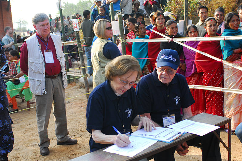 Rosalyn and Jimmy Carter observing voting in Bhaktapur, Nepal.