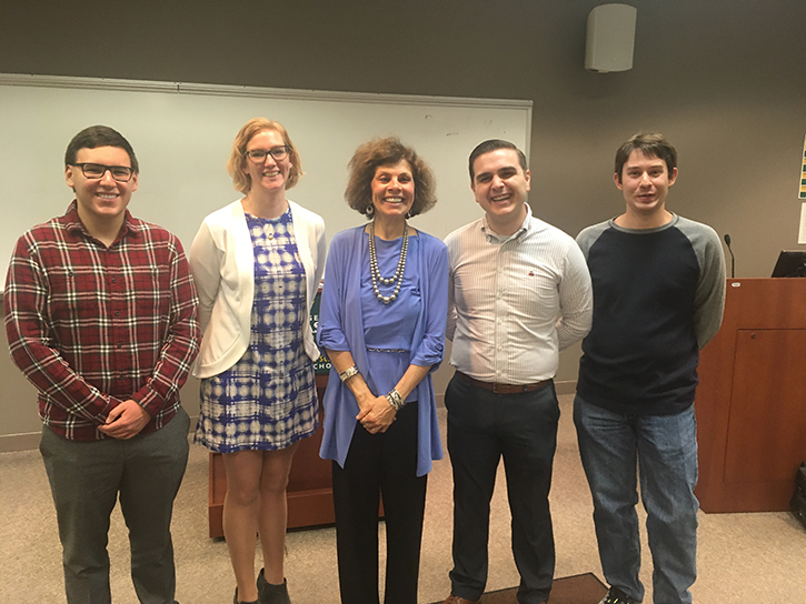Former ACLU President Nadine Strossen (center) with Scalia law students Alexander Bumbu, Katherine McKerall, Trace Mitchell and Jack Brown